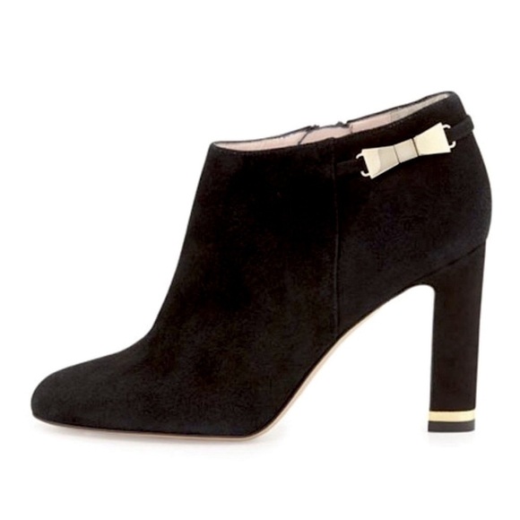Kate Spade Aldaz Black Suede Leather Stacked Heel Ankle Booties w/ Gold accents - Picture 1 of 12
